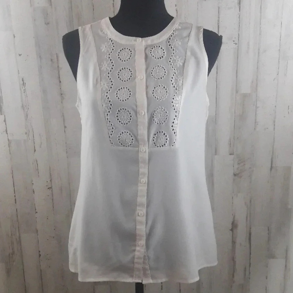 Ann Taylor Loft Sheer Floral Cutout Tank Top White